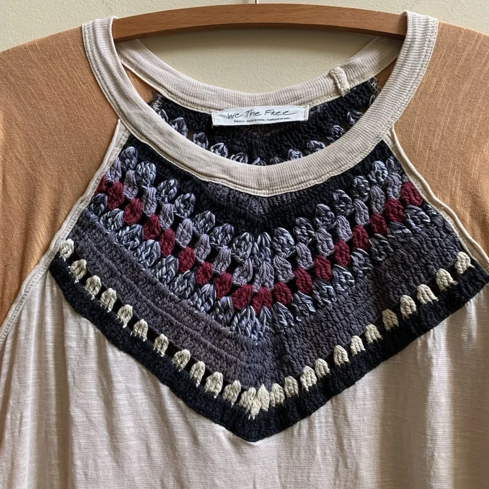 We the Free People Spring Bound Crochet Yoke Linen Blend Top Boho Women's SZ - S